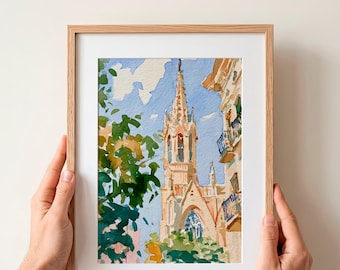 Barcelona Aquarell-Kunstdruck, Spanien, Wandkunst, gotische Kirche, Stadtansicht, europäische Reisedekoration