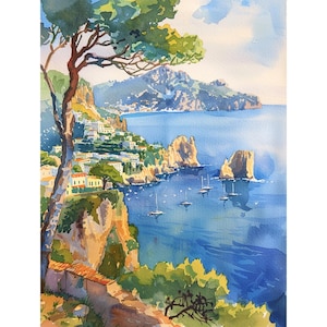 Capri Island Art Print Italy Seascape Watercolor Painting Cityscape Wall Art Decor Travel Poster by FeelingPrints