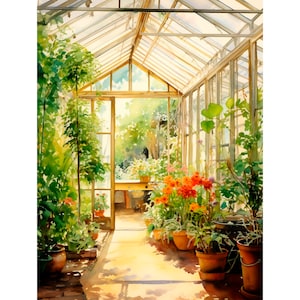 Greenhouse Watercolor Painting Plants Art Print Flowers Wall Art