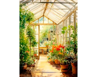 Gewächshaus Aquarell Malerei Pflanzen Kunstdruck Blumen Wandkunst