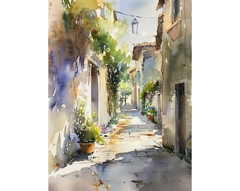 FeelingPrintsのシチリア島水彩画、イタリアの街並みの水彩画アート