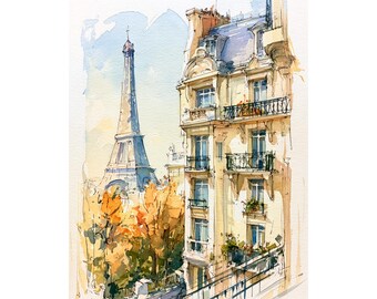 Paris Watercolor Print Eiffel Tower Art Print on Paper Parisian Balcony Wall Art France Travel Decor