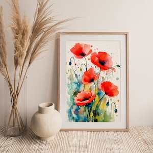 Red Poppy Flowers Watercolor Art Print Floral Artwork Farmhouse Wall ...