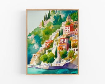 Italy Coast Watercolor Print Amalfi Coast Painting Seaside Landscape Wall Art Mediterranean Village Art Italian Travel Gift by FeelingPrints