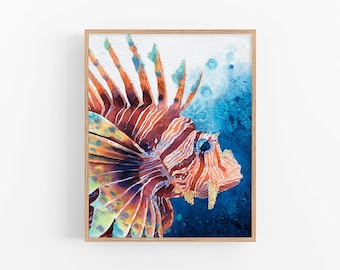 ミノカサゴの水彩画アートプリント：海の魚のイラストの壁飾り - Etsy 日本