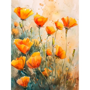 Stampa artistica ad acquerello di fiori di papavero della California, opera d'arte floreale, stampa artistica da parete di fiori selvatici
