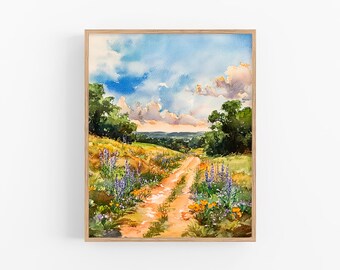 Texas Wildflowers Watercolor Print Country Road Painting Hill Country Landscape Bluebonnets Wall Art Spring Meadow Decor by FeelingPrints