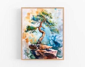 盆栽の木の絵画 盆栽水彩画 緑の木の壁アート ジクレープリント 植物