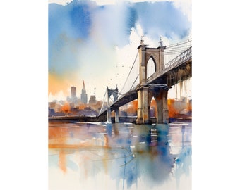 Brooklyn Bridge Watercolor Painting New York City Watercolor Art Print Travel Art Poster by FeelingPrints