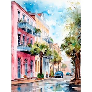 Rainbow Row Cityscape Watercolor Painting Cinque Terre Art Print Charleston Painting South Carolina Artwork Travel Poster by FeelingPrints