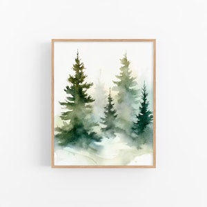 Foggy Pine Trees Watercolor Art Print Misty Pine Forest Watercolor Painting Minimalist Wall Art Decor Gift by FeelingPrints
