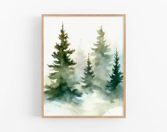 Foggy Pine Trees Watercolor Art Print Misty Pine Forest Watercolor Painting Minimalist Wall Art Decor Gift by FeelingPrints