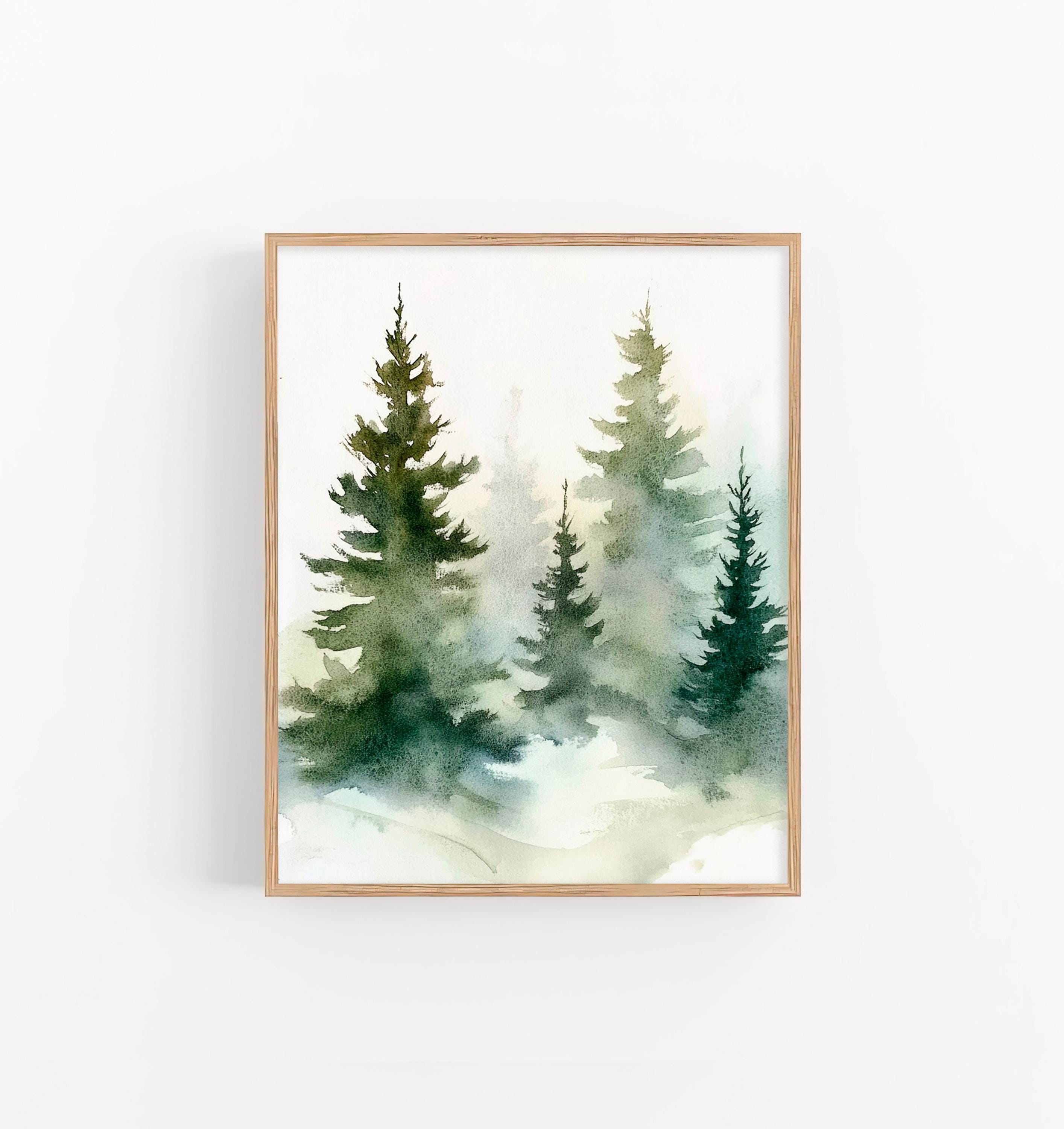 Foggy Pine Trees Watercolor Art Print Misty Pine Forest Watercolor ...