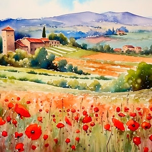 イタリアの田舎の水彩画アートプリント トスカーナの野原の絵画アートワーク 山のアートポスター