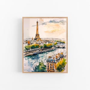 Puede incluir: Una pintura de acuarela de la Torre Eiffel en Par&iacute;s, Francia. La pintura muestra la torre desde la distancia, con el r&iacute;o Sena y otros edificios en primer plano. El cielo es de un azul claro con algunas nubes.