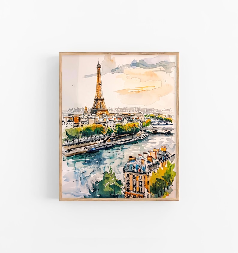 Puede incluir: Una pintura de acuarela de la Torre Eiffel en Par&iacute;s, Francia. La pintura muestra la torre desde la distancia, con el r&iacute;o Sena y otros edificios en primer plano. El cielo es de un azul claro con algunas nubes.
