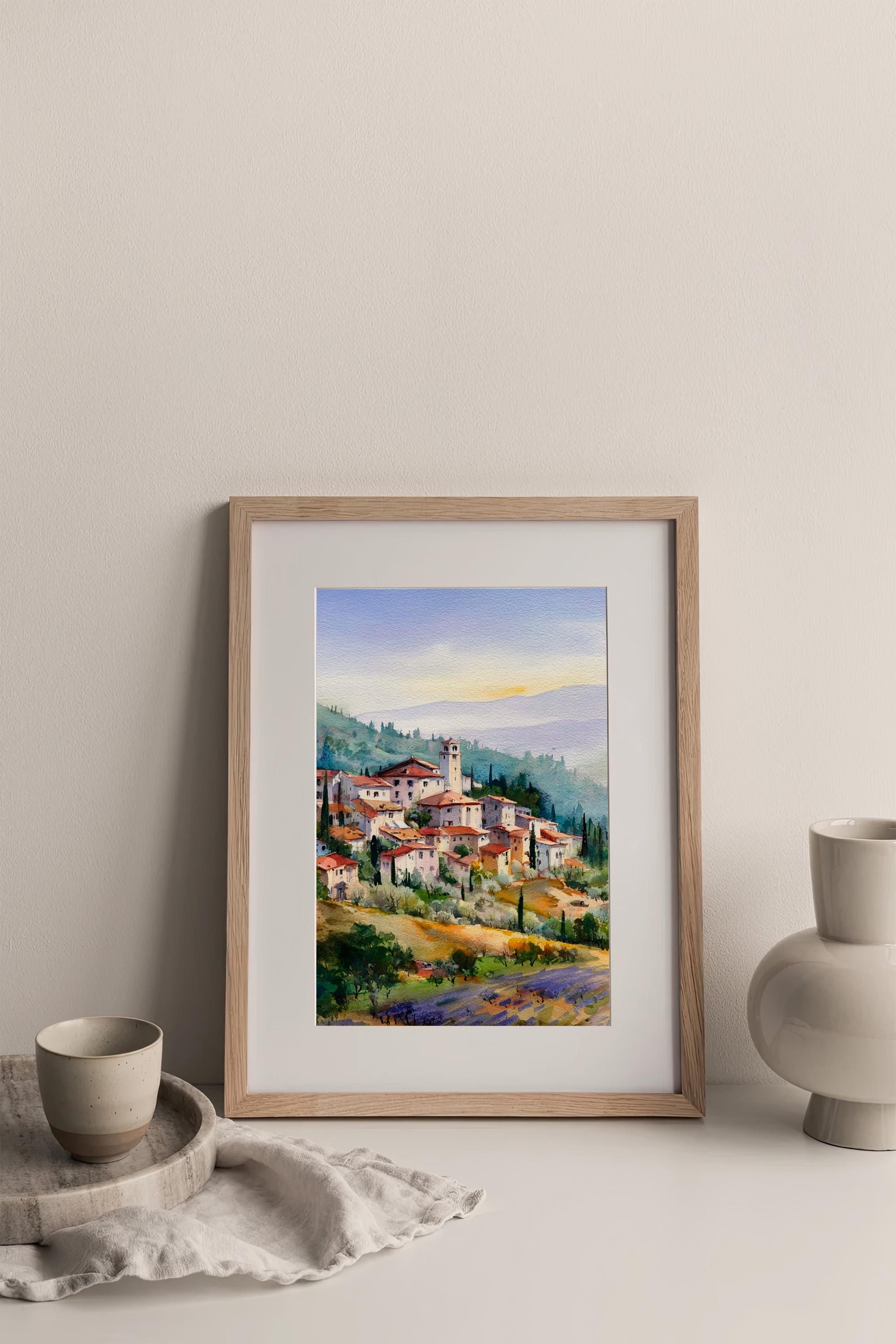 トスカーナの村の水彩画プリント イタリアの風景画 壁アート 田舎の丘