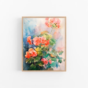 Geranium Watercolor Art Print Flowers Artwork Red Geranium Wall Art Decor Spring Gifts by FeelingPrints