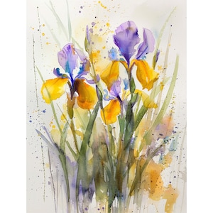 May include: Watercolor painting of a bouquet of yellow and purple irises with green stems and leaves. The background is a light wash of yellow and white.