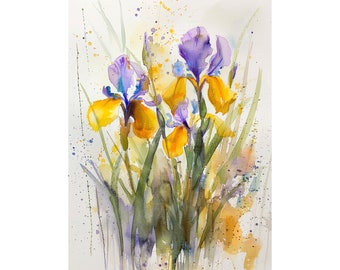 アイリスの絵画 黄色のアイリスの水彩画プリント 花の壁アート 春の花