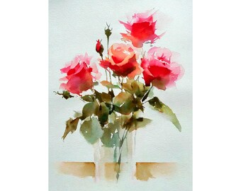 Pink Rose Bouquet Watercolor Print On Paper Floral Wall Art Romantic Botanical Decor For Bedroom