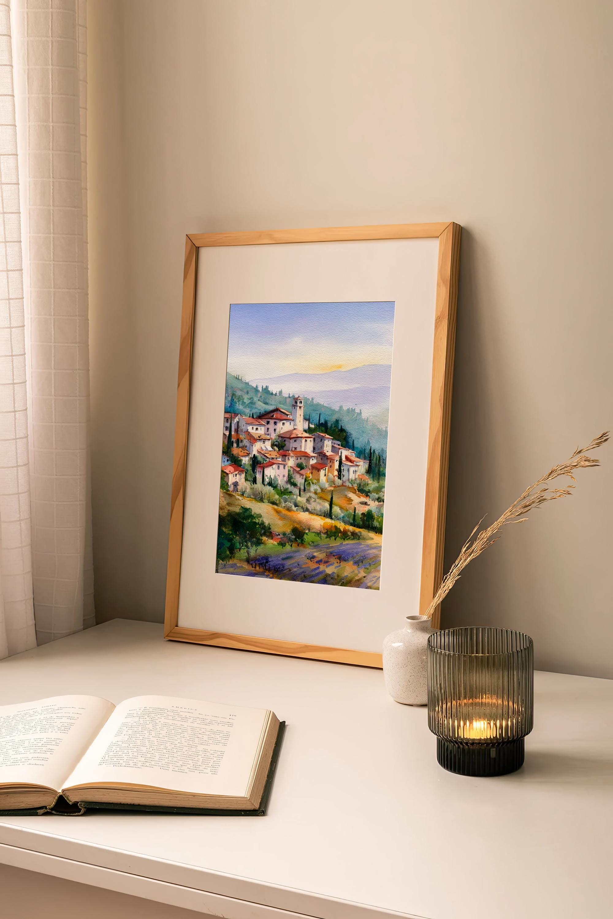 トスカーナの村の水彩画プリント イタリアの風景画 壁アート 田舎の丘