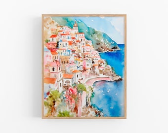 Positano Painting Cinque Terre Art Print Italy Watercolor Artwork Cityscape Poster Wall Art