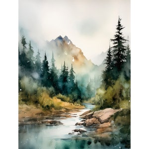Stampa artistica ad acquerello di North Cascades, Washington, paesaggio, parco nazionale, opera d'arte, pittura di pini