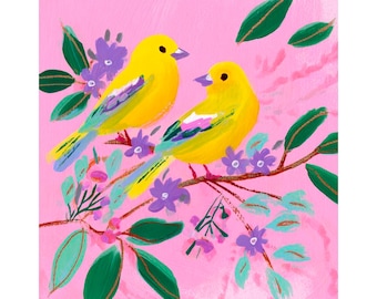 Yellow Canary Birds Painting: Floral Wall Art Colorful Bird Artwork Modern Kitchen Decor  Nature Animal Print by FeelingPrints