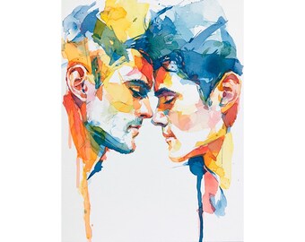 Two Male Faces Watercolor Print Gay Couple Wall Art on Paper Abstract Male Portrait Artwork