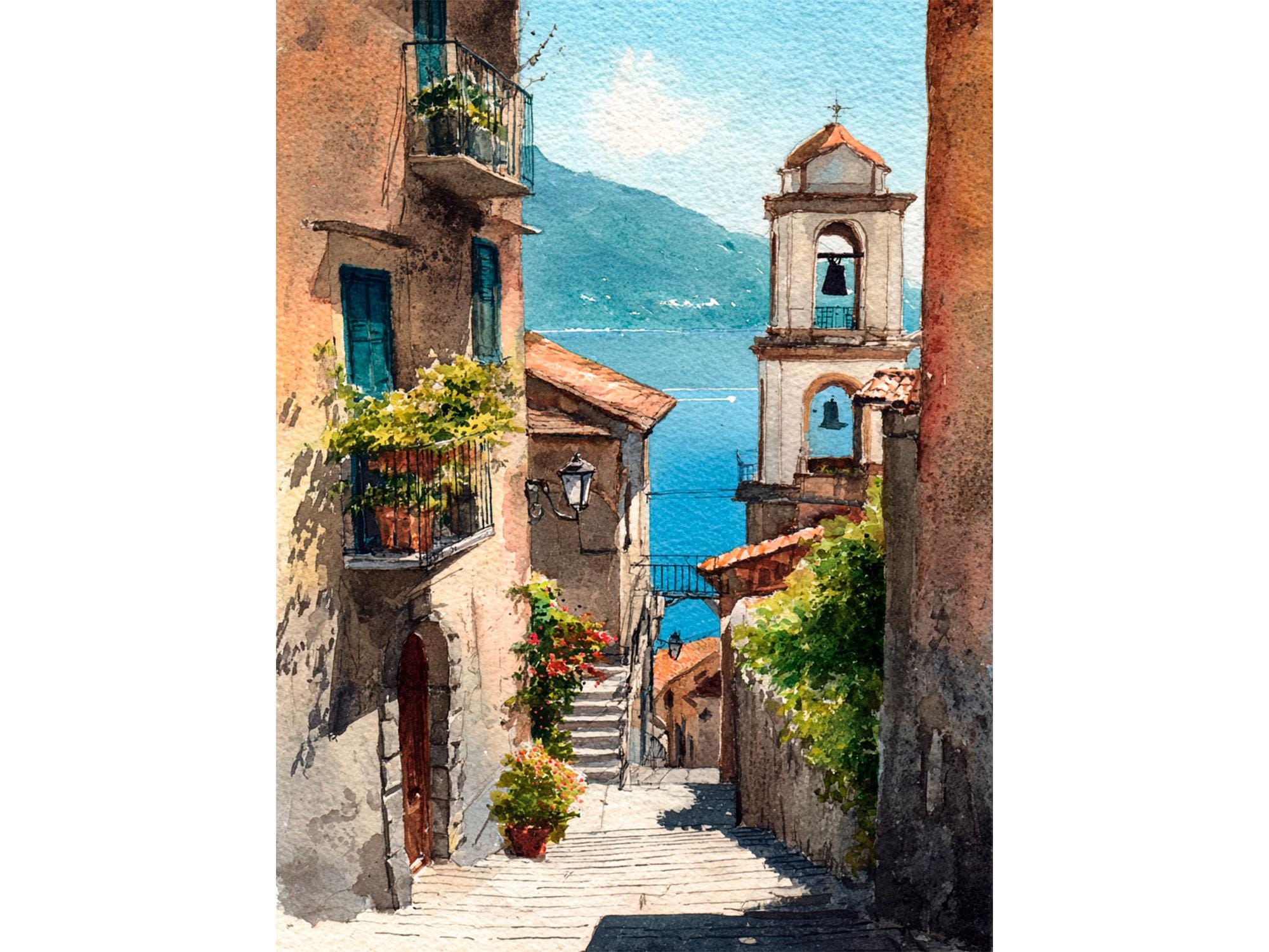 Sorrento Watercolor Painting Italian Street Wall Art Mediterranean