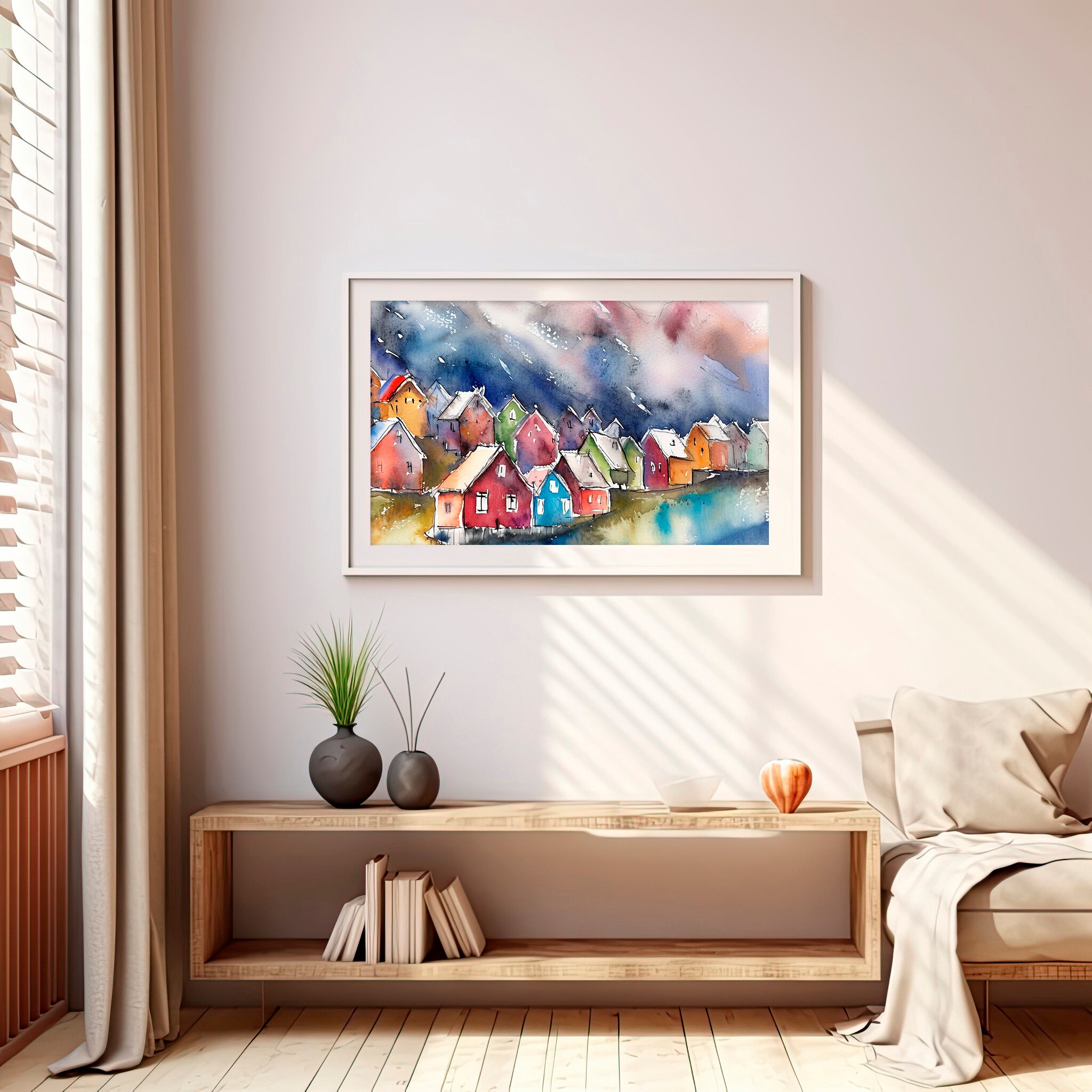 Nordic Village Watercolor Art Print Scandinavian Houses Painting Norway ... - Nordic Painting Styles For The Home