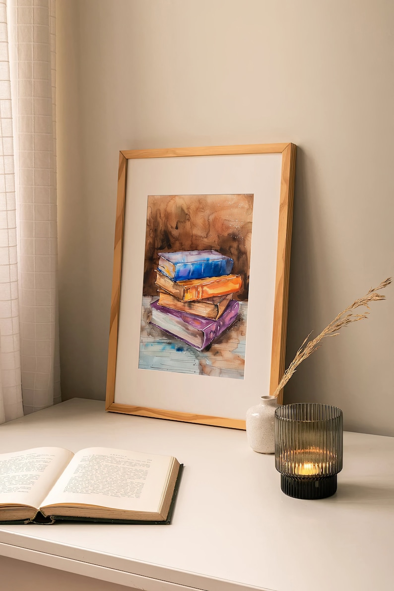 Books Watercolor Painting Old Book Library Art Print Books Farmhouse Wall Art Decor by