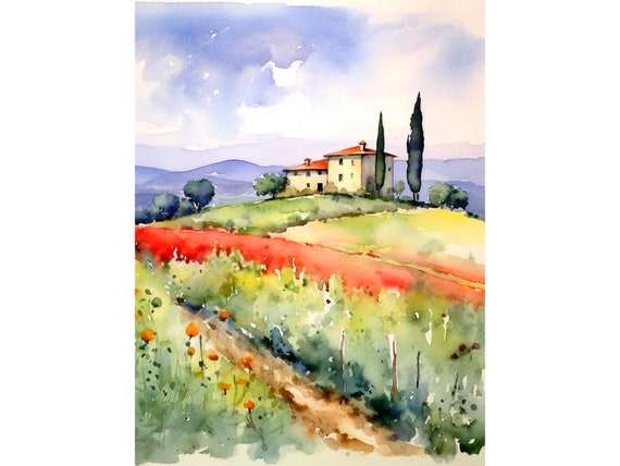 Tuscany Countryside Watercolor Painting Red Poppies Fields Watercolor Painting Italy Landscape Art Poster