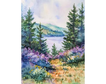 Acadia Landscape Watercolor Art Print Pine Trees Painting North Atlantic Coast Wall Art Decor by FeelingPrints