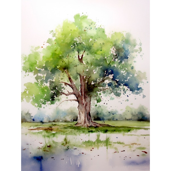 Oak Tree Watercolor Art Print Louisiana Forest Painting Abstract Artwork Farmhouse Wall Art