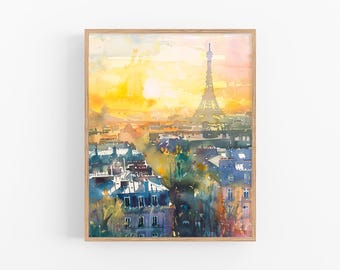 Akvarellmålning av Paris morgonstadslandskap Akvarellmålning Konsttryck av Eiffeltornet Resepresenter från FeelingPrints