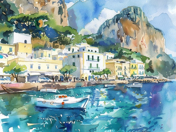 Capri Island Watercolor Painting Italian Seascape ArtPrint Italy Cityscape Wall Art Decor Travel Gifts by FeelingPrints