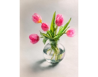 Pink Tulips Watercolor Painting Art Print Wall Art Spring Flower Vase Kitchen Decor Spring Gift by FeelingPrints