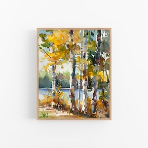 白樺の木の水彩画アートプリント アスペン 白樺の森 水彩画アートワーク 風景 旅行ギフト FeelingPrints