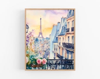 Impressão em aquarela da varanda de Paris, Torre Eiffel, arte de parede, pintura de paisagem urbana francesa, arte romântica de Paris, presente para seu amante de viagens, decoração de quarto