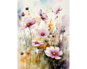Cosmos Flowers Watercolor Art Floral Print Wildflowers Meadow Fields Artwork Wall Art by FeelingPrints
