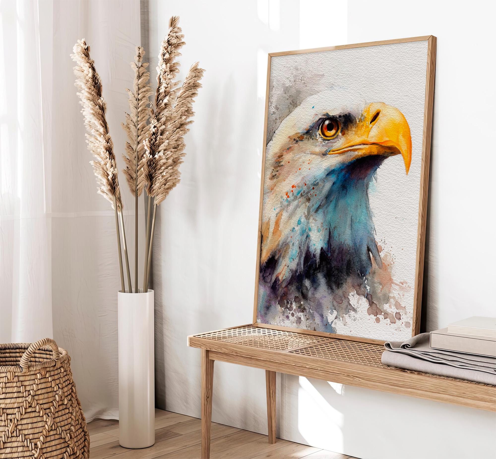 白頭ワシの水彩画プリント 雄大な鳥のアート 愛国的な野生動物の絵画