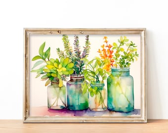 May include: Watercolor painting of four glass jars with different types of flowers and greenery. The jars are arranged in a row on a white background. The flowers are in shades of yellow, orange, green, and purple. The jars are all different sizes and shapes.