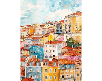 Lisbon Watercolor Painting Portugal Cityscape Art Print Travel Wall Art Gifts by FeelingPrints