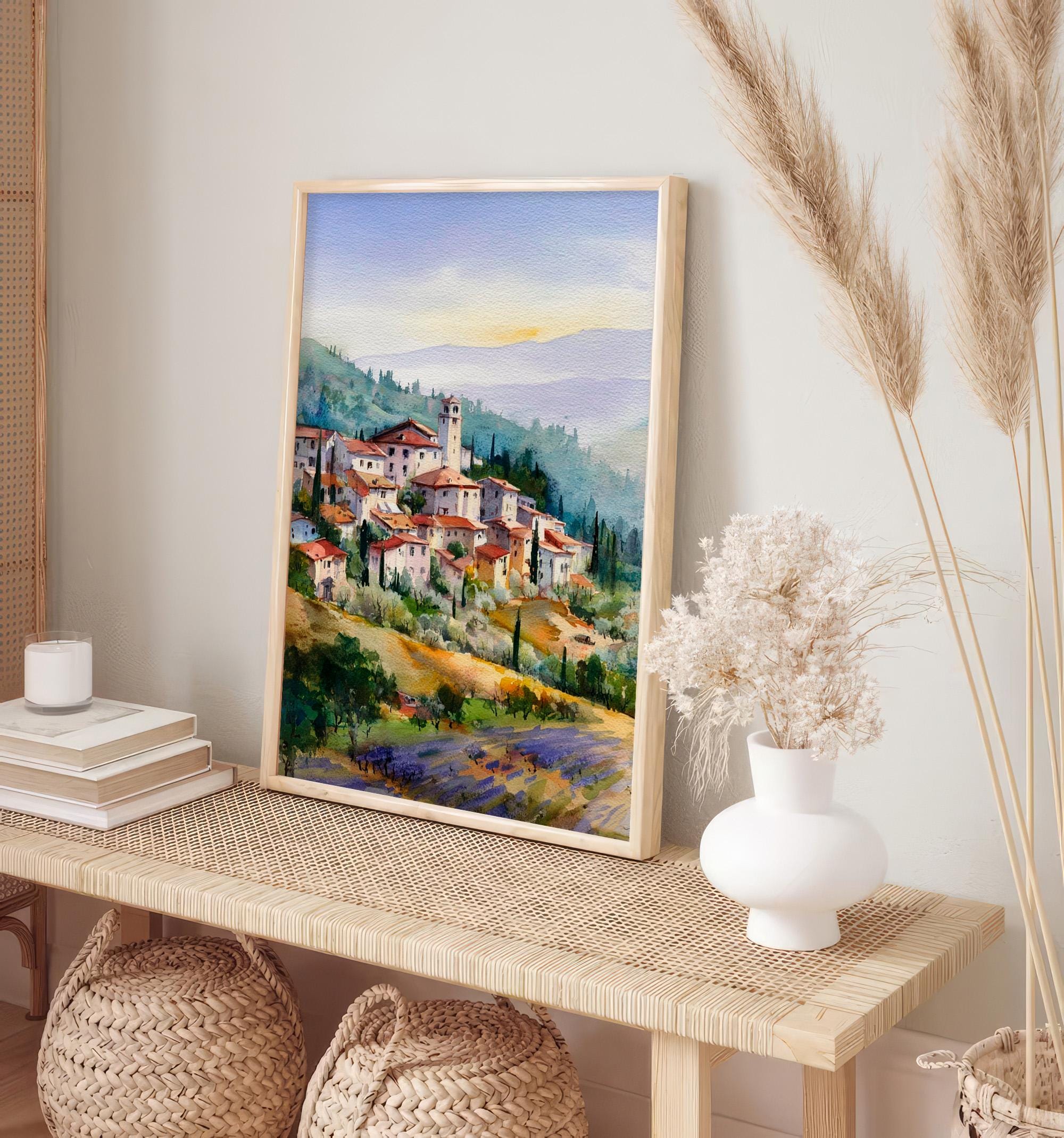 トスカーナの村の水彩画プリント イタリアの風景画 壁アート 田舎の丘