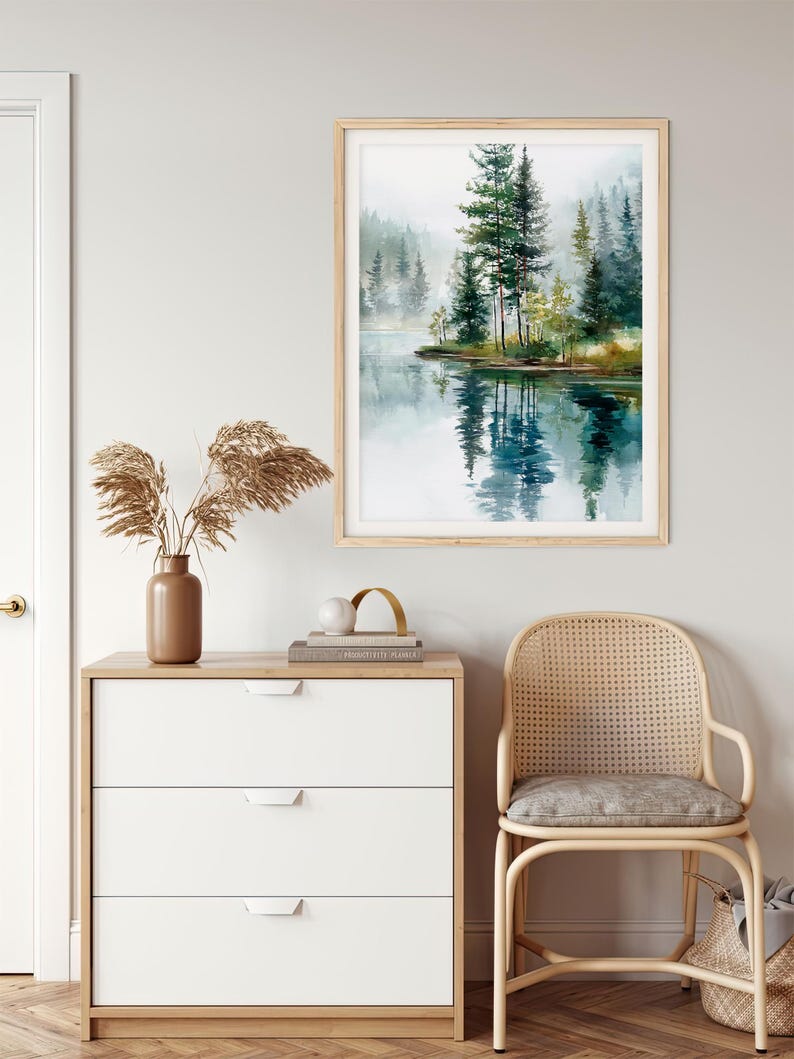 Misty Forest Lake Watercolor Print Evergreen Trees Reflection Wall Art ...