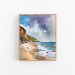 コーンウォールの絵画、イングランドの海景水彩画アートプリント、夕焼け風景、壁アートプリント、春の装飾、FeelingPrints