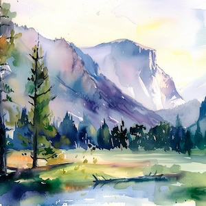 « Impression d'art aquarelle paysage de Yosemite, pins, peinture à l'aquarelle, affiche d'art du parc national, cadeaux de voyage » par FeelingPrints