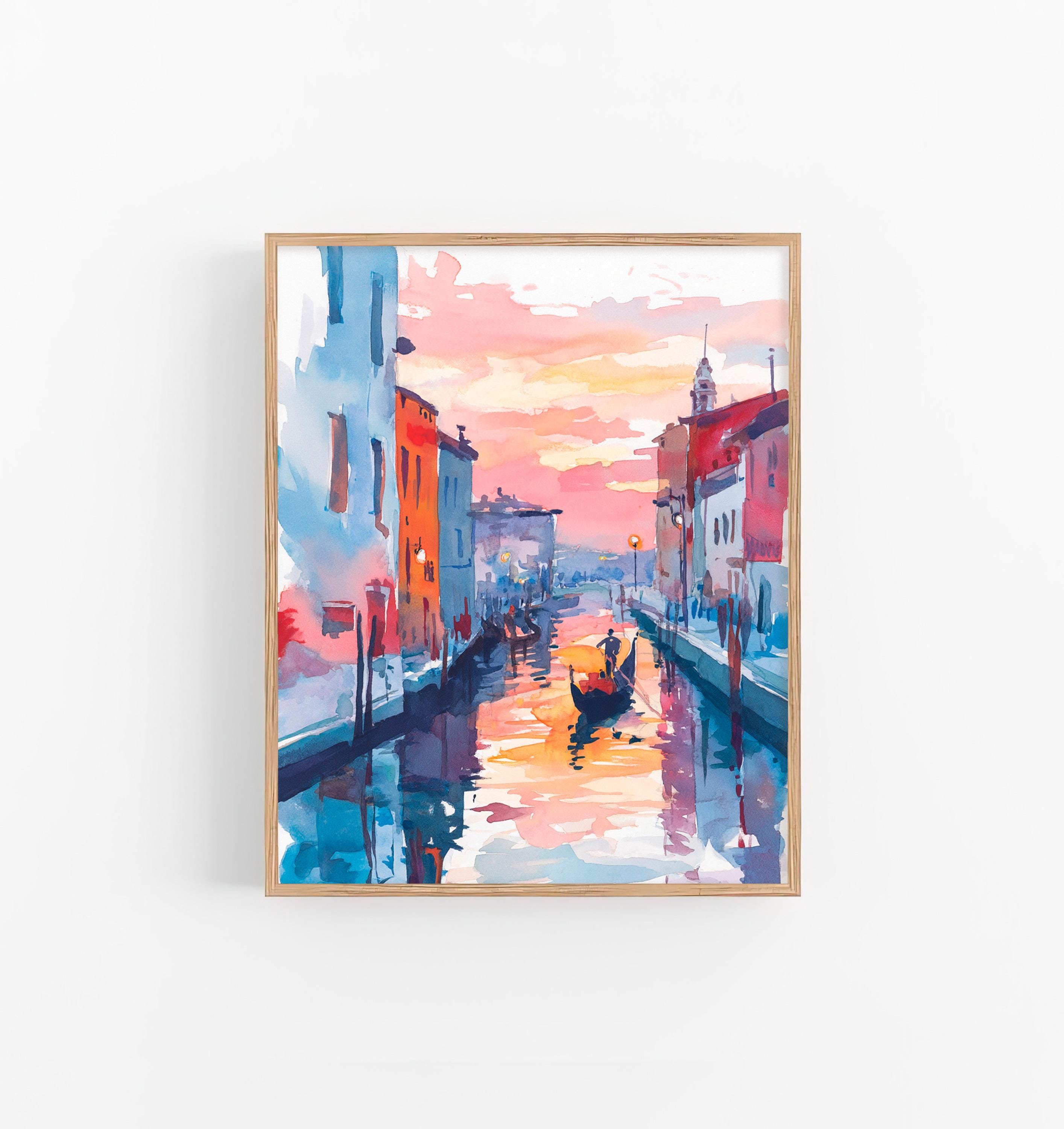 Jan Hartman ヴィンテージ風景コラージュ 水彩 夕焼け　マウイ島 92 FeelingPrintsによるヴェネツィアの水彩画、夕焼けゴンドラ、イタリア